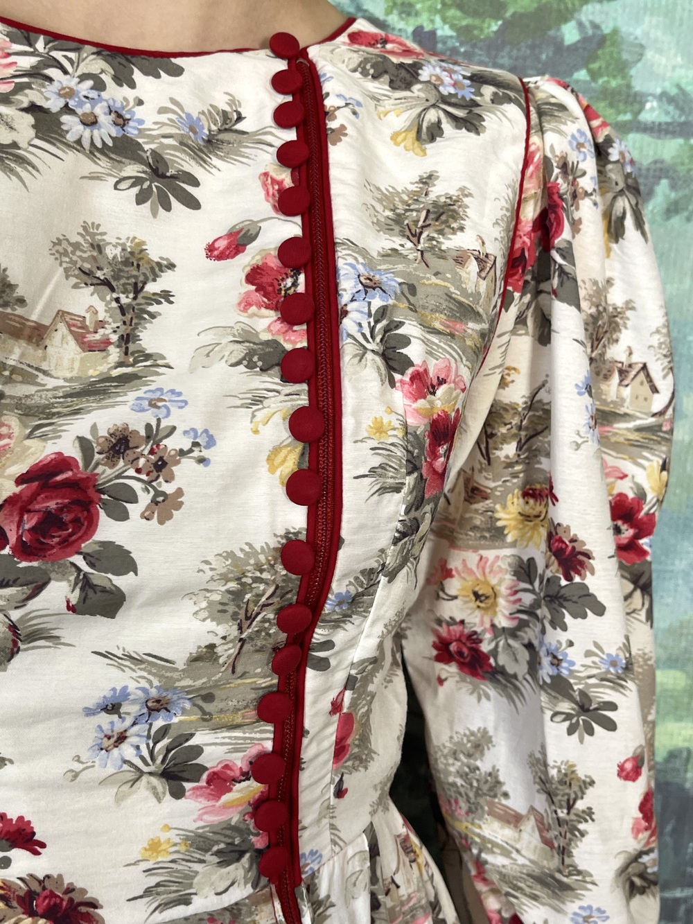 Vintage Austrian Romantic Floral Cotton Midi Dress with Puff Sleeves