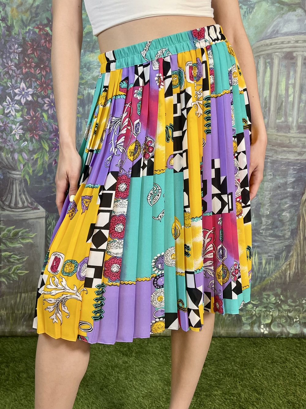 90s Vintage Colourful Pleated Abstract Midi Skirt