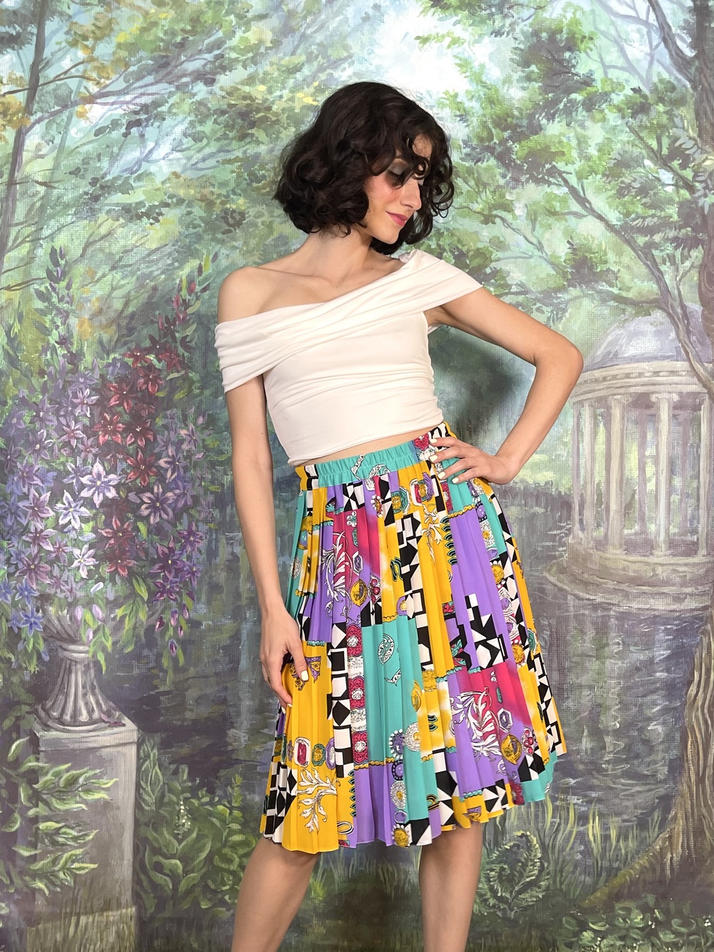 90s Vintage Colourful Pleated Abstract Midi Skirt