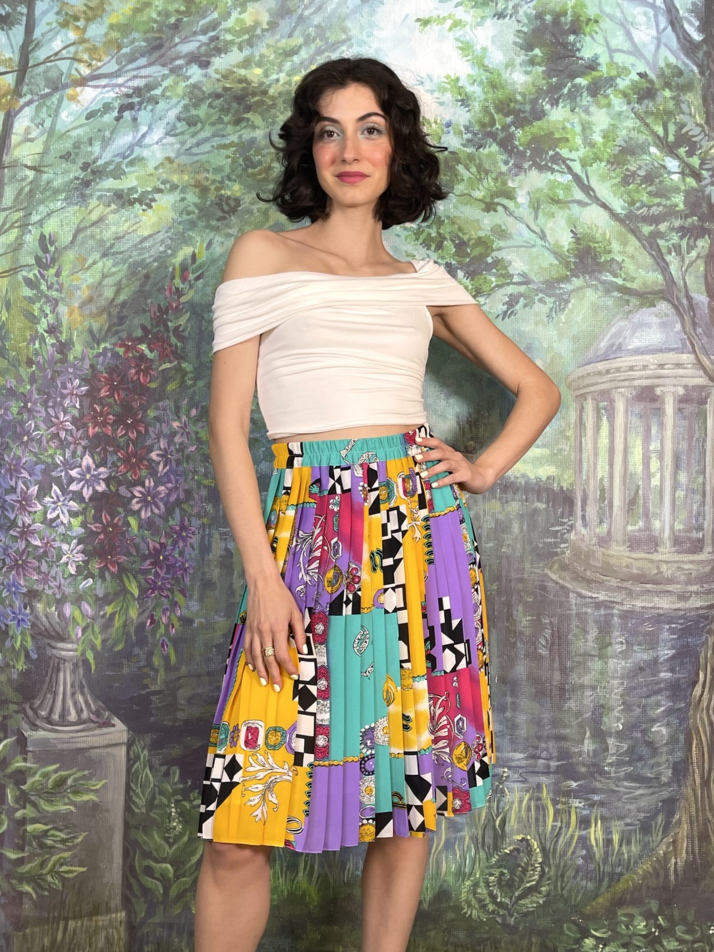 90s Vintage Colourful Pleated Abstract Midi Skirt