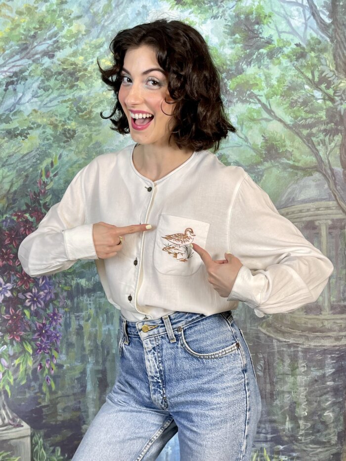 90s Vintage Embroidered Duck Linen Blend Blouse