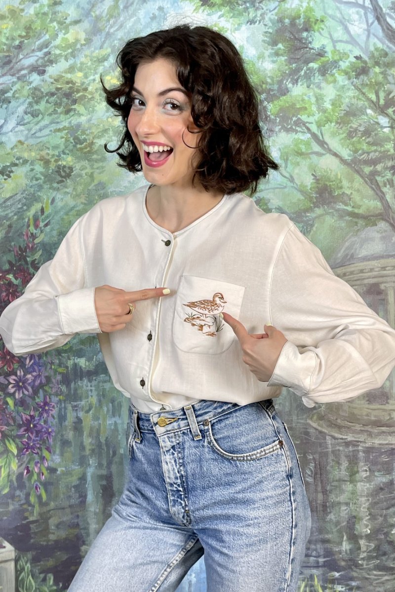 90s Vintage Embroidered Duck Linen Blend Blouse
