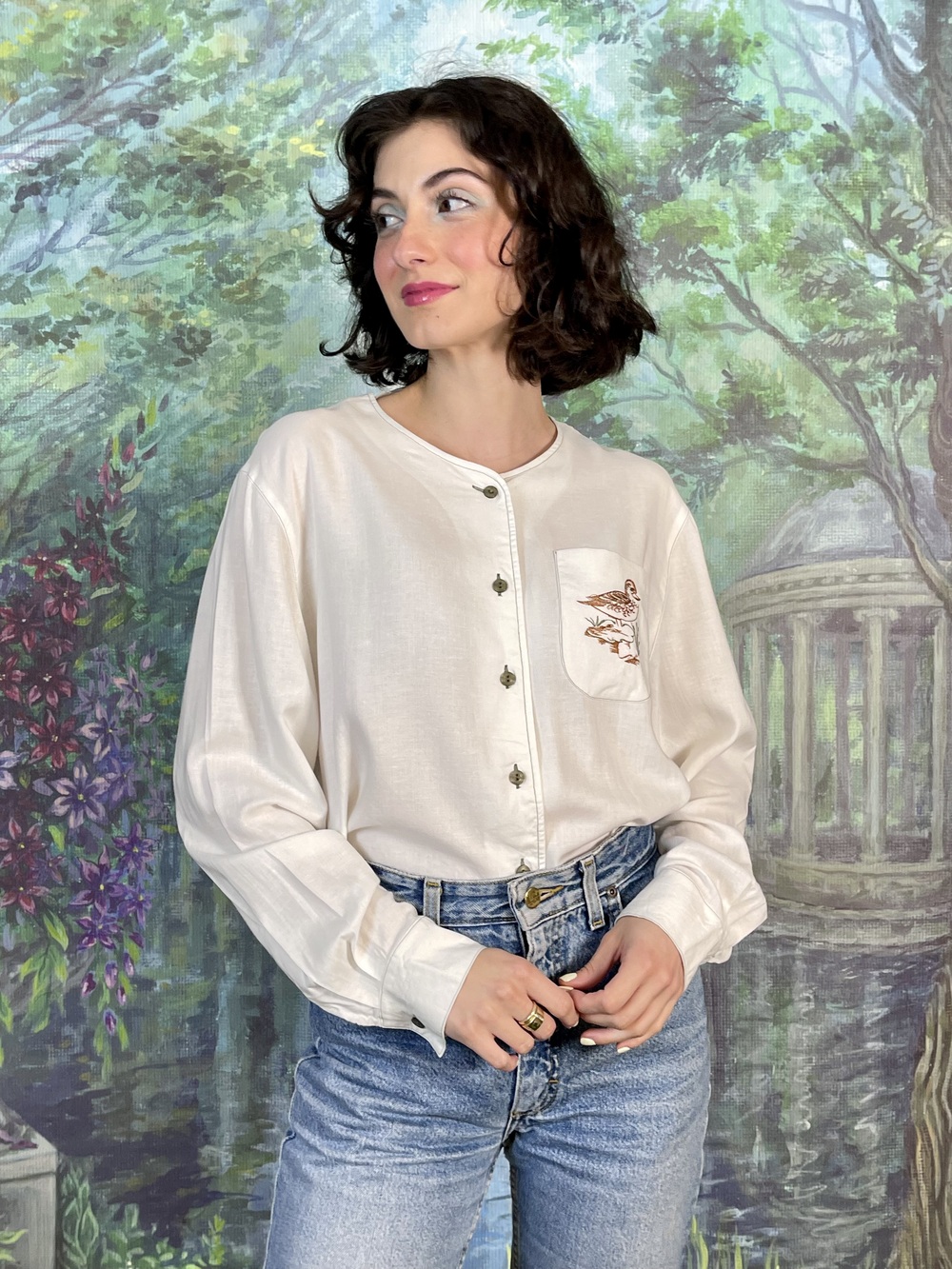 90s Vintage Embroidered Duck Linen Blend Blouse