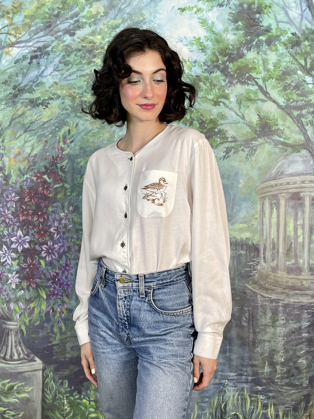 90s Vintage Embroidered Duck Linen Blend Blouse