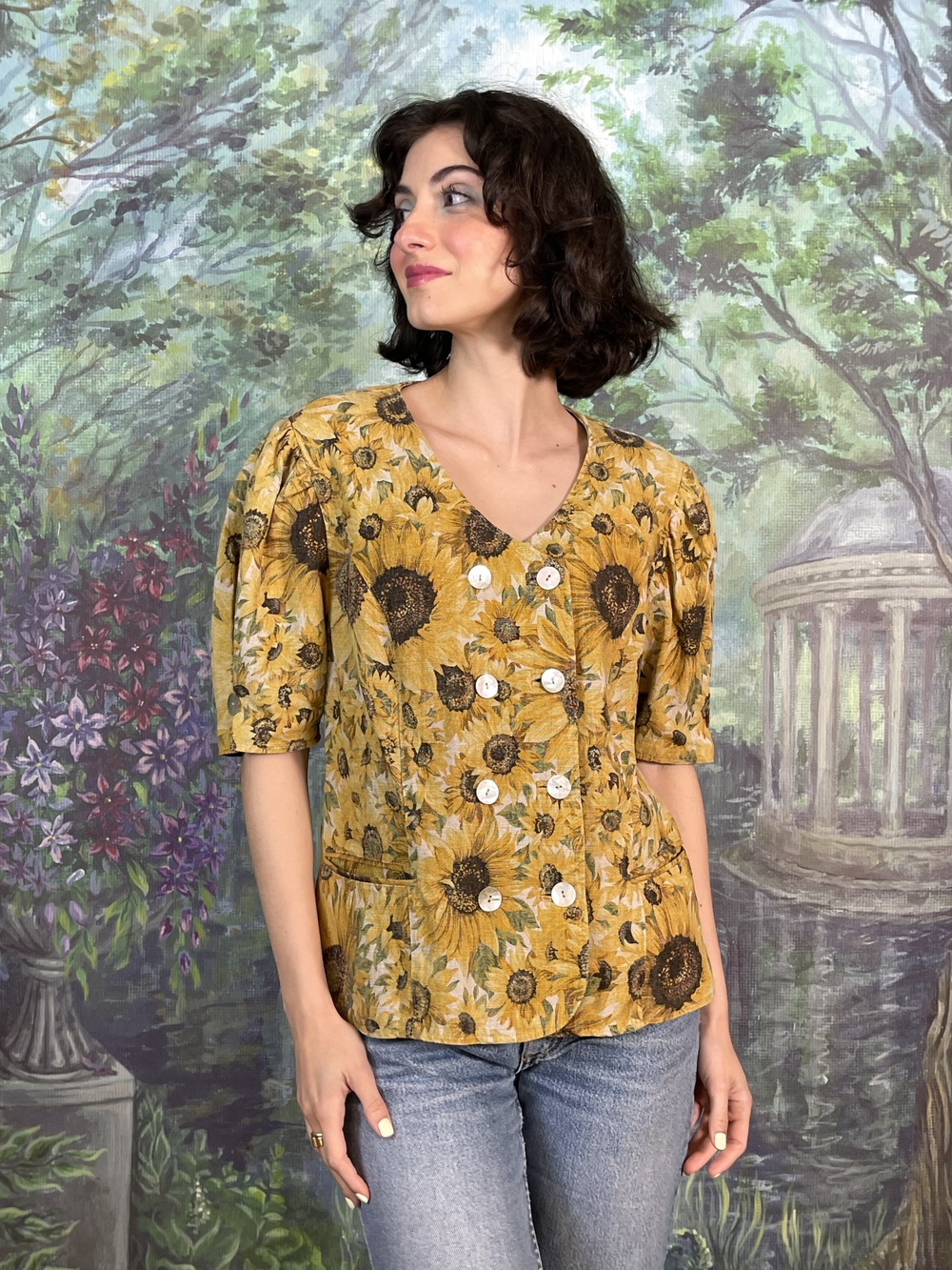 Vintage Austrian Linen Sunflower Double-Breasted Blouse