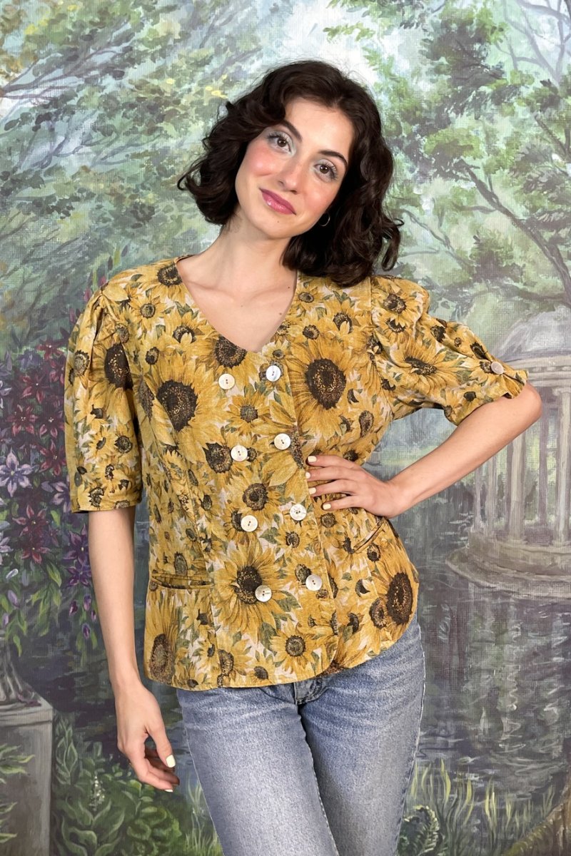 Vintage Austrian Linen Sunflower Double-Breasted Blouse