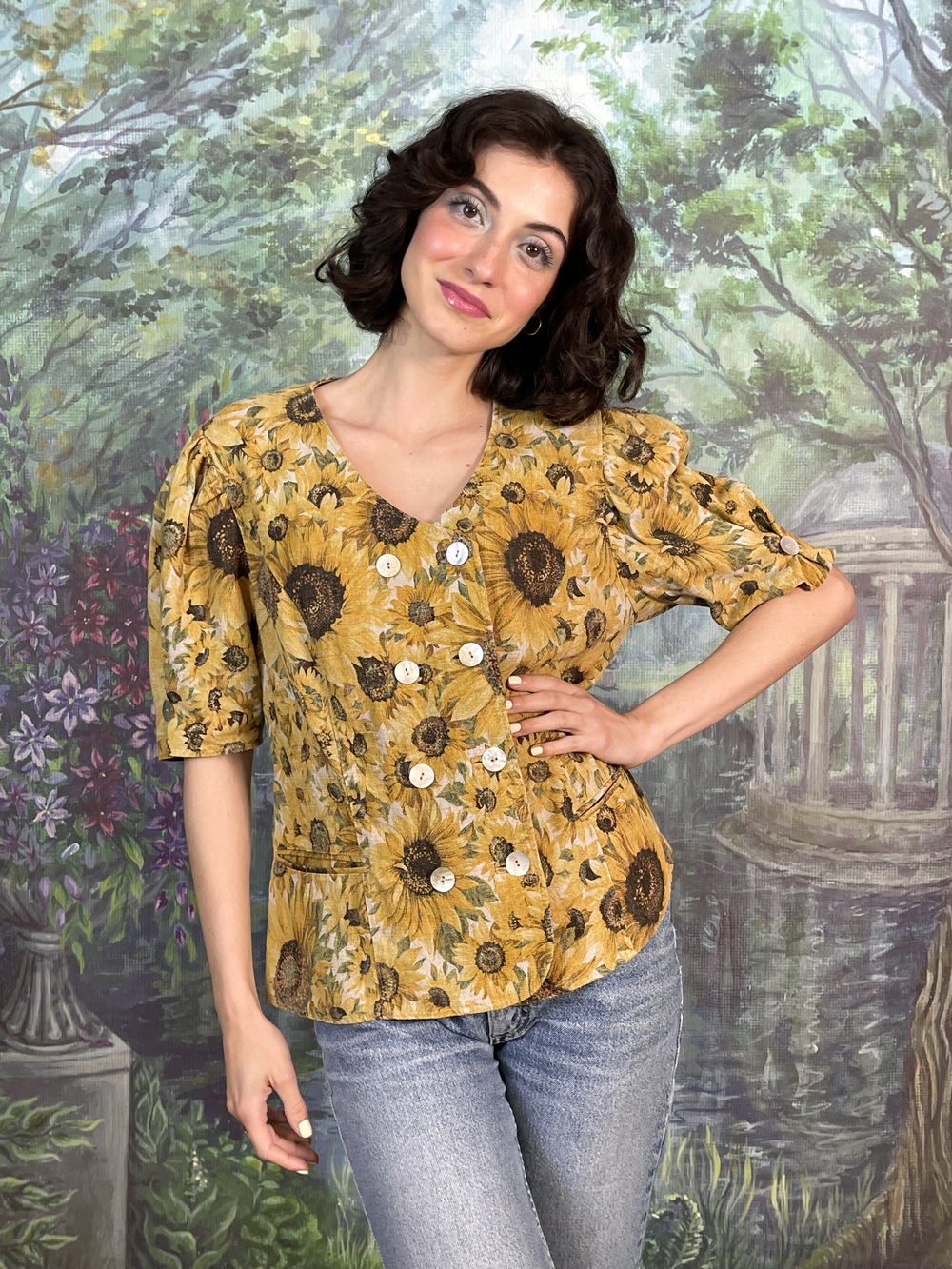 Vintage Austrian Linen Sunflower Double-Breasted Blouse