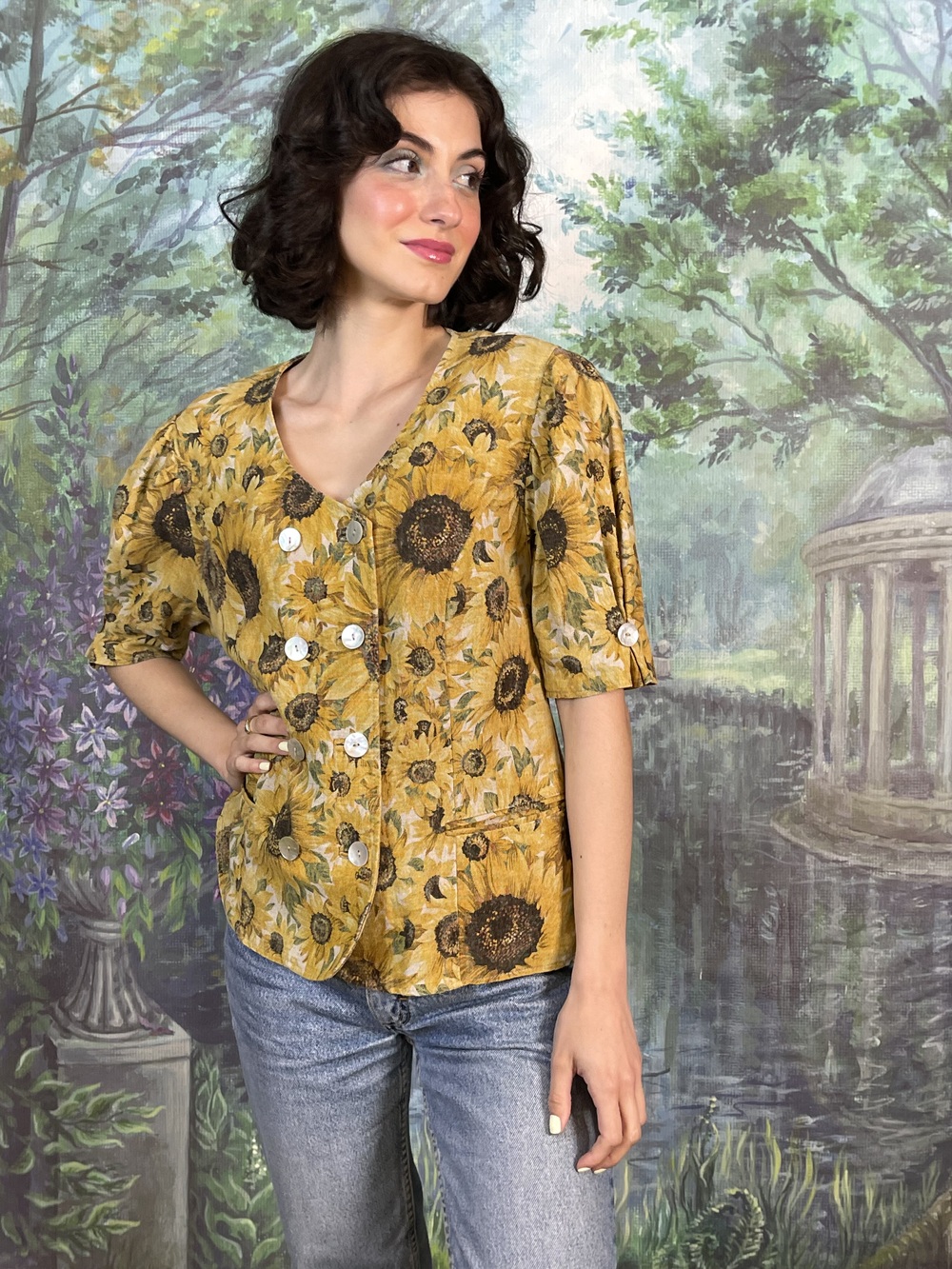 Vintage Austrian Linen Sunflower Double-Breasted Blouse