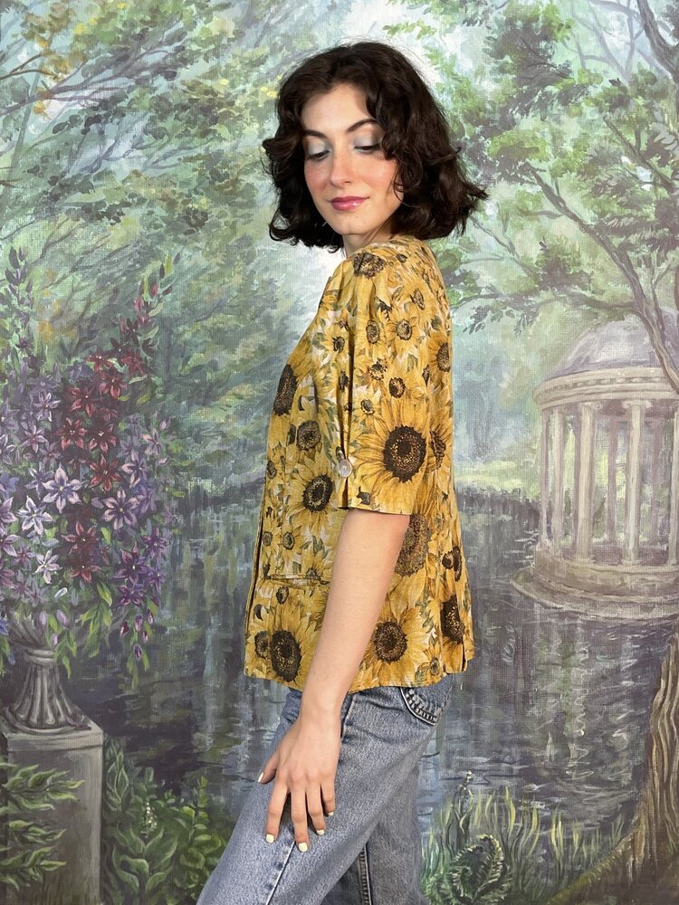 Vintage Austrian Linen Sunflower Double-Breasted Blouse