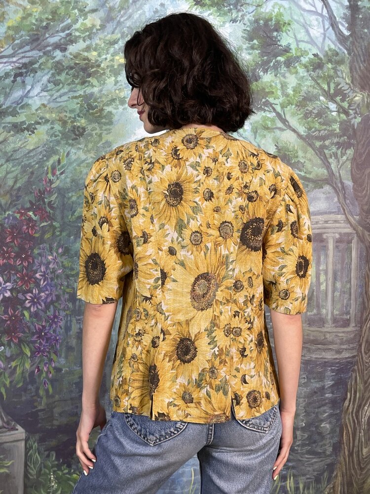 Vintage Austrian Linen Sunflower Double-Breasted Blouse