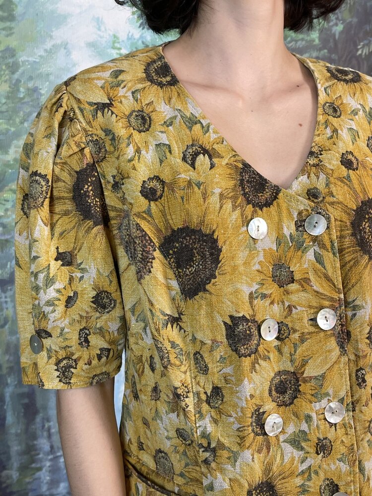 Vintage Austrian Linen Sunflower Double-Breasted Blouse