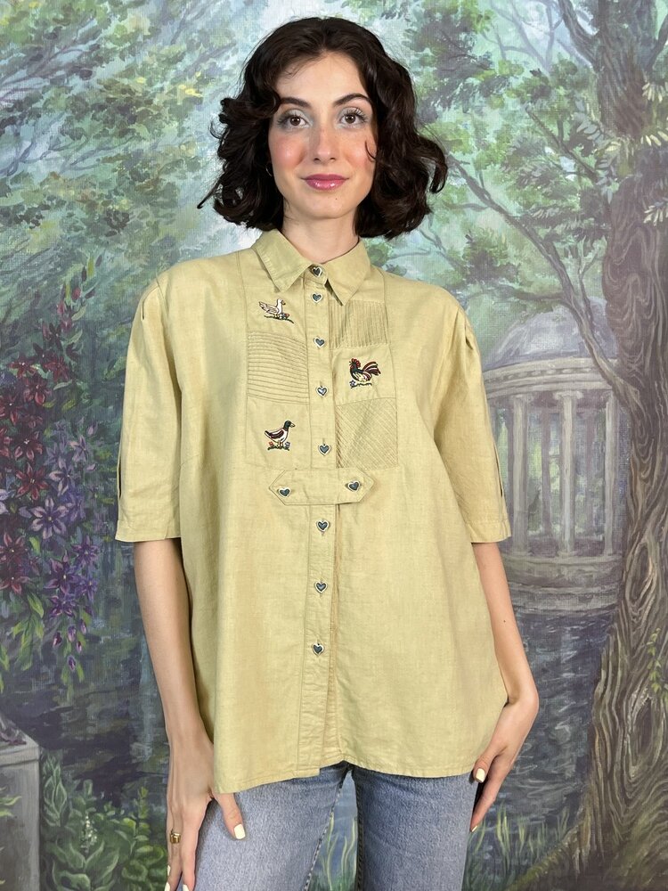 80s Vintage Embroidered Bird Linen Blend Blouse with Heart Buttons