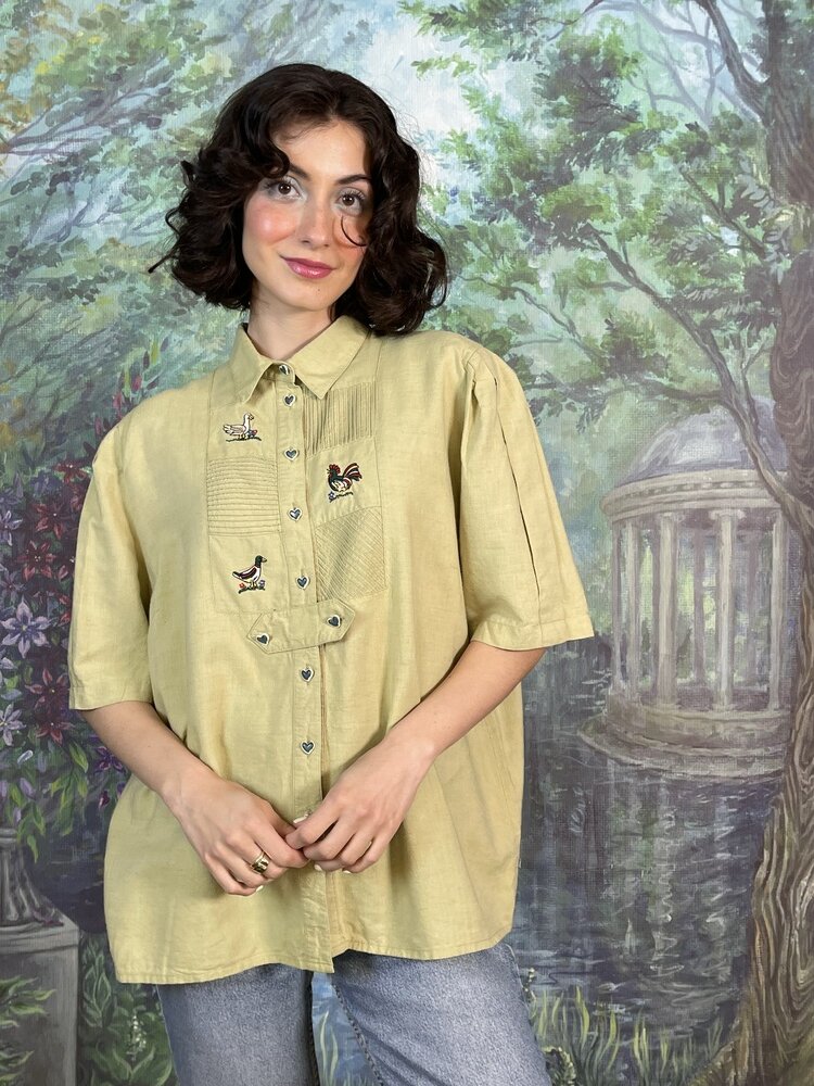 80s Vintage Embroidered Bird Linen Blend Blouse with Heart Buttons