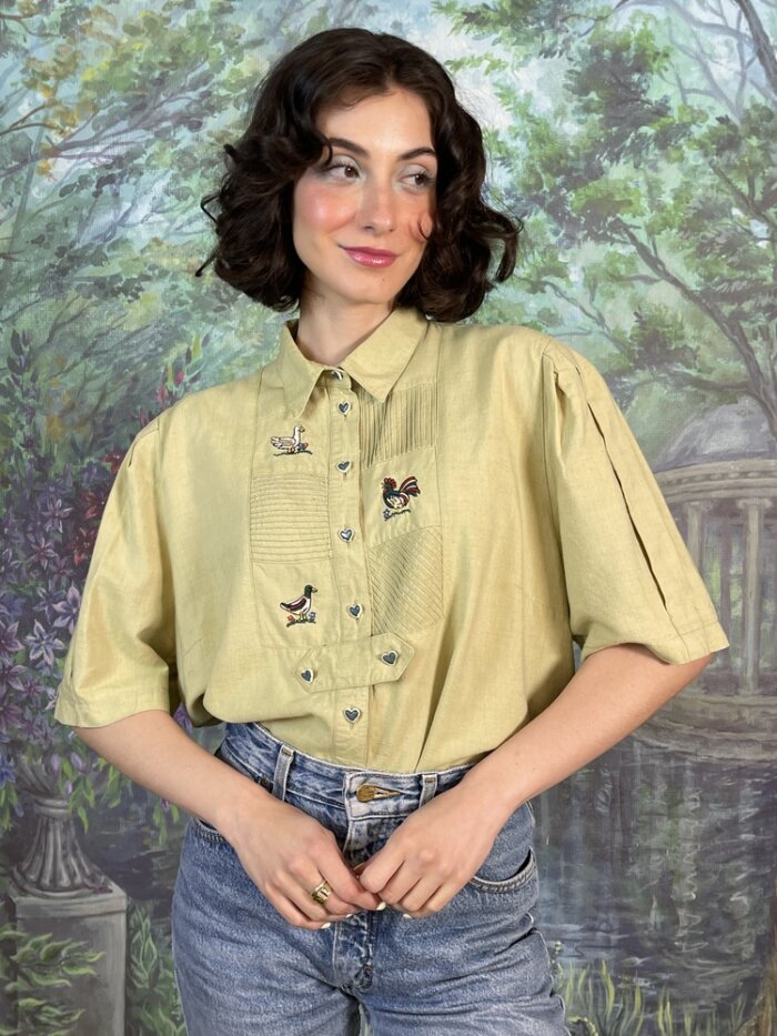 80s Vintage Embroidered Bird Linen Blend Blouse with Heart Buttons