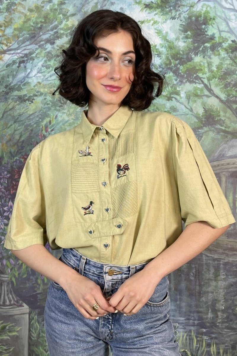 80s Vintage Embroidered Bird Linen Blend Blouse with Heart Buttons