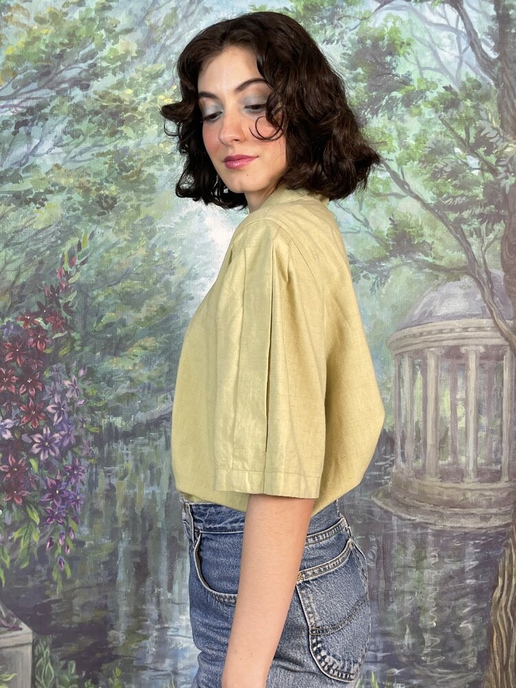 80s Vintage Embroidered Bird Linen Blend Blouse with Heart Buttons