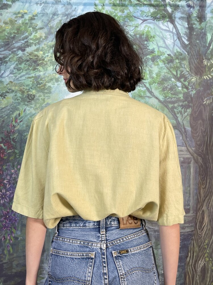 80s Vintage Embroidered Bird Linen Blend Blouse with Heart Buttons
