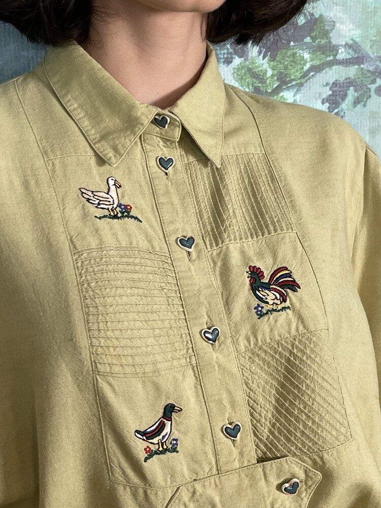80s Vintage Embroidered Bird Linen Blend Blouse with Heart Buttons