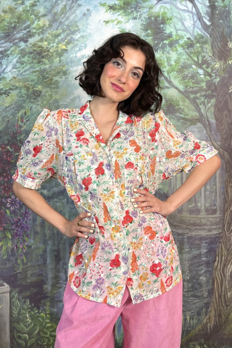 80s Vintage Romantic Floral Cotton Blouse