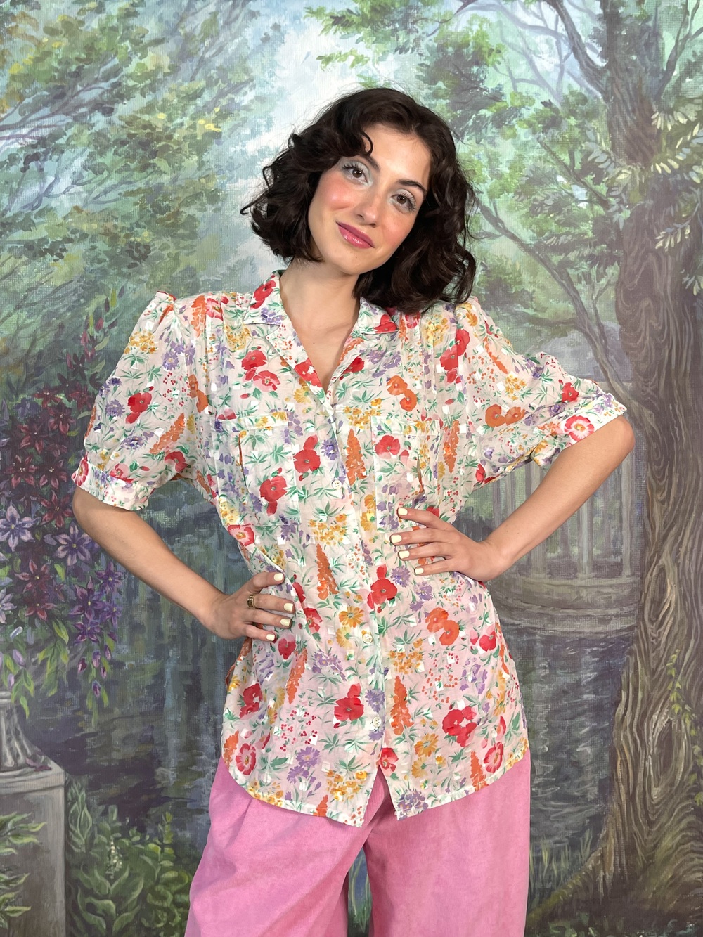 80s Vintage Romantic Floral Cotton Blouse