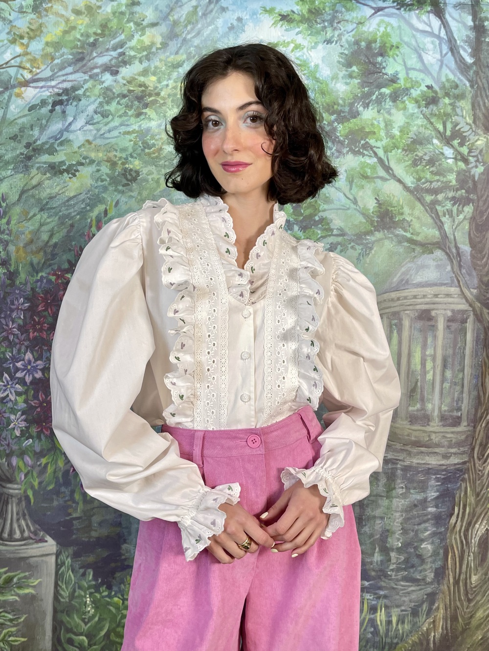 Vintage Romantic Ruffle Cotton Blouse with Eyelet Lace