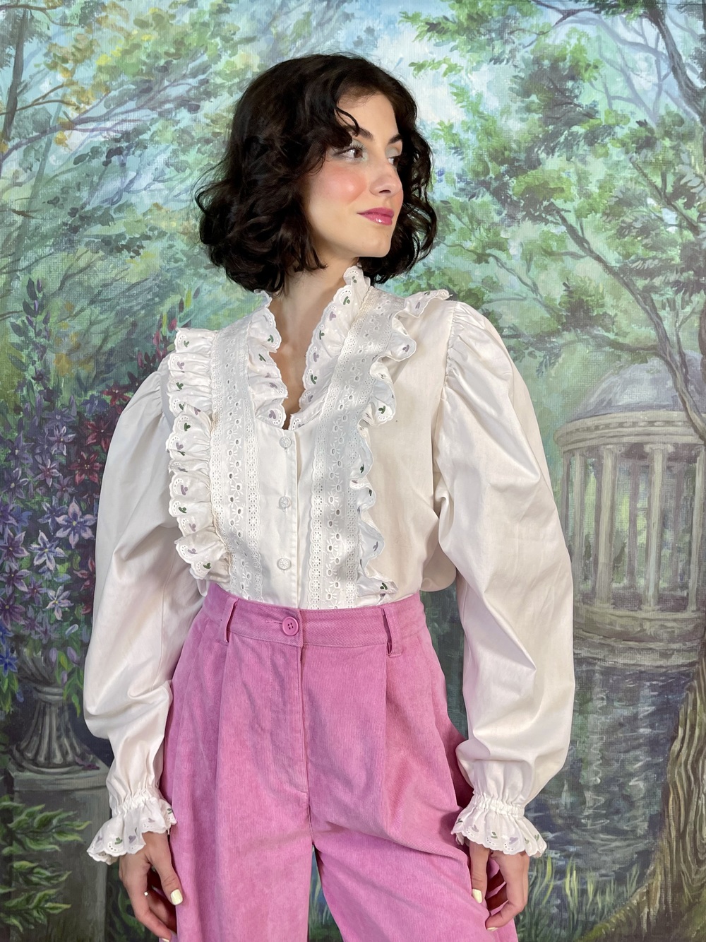 Vintage Romantic Ruffle Cotton Blouse with Eyelet Lace