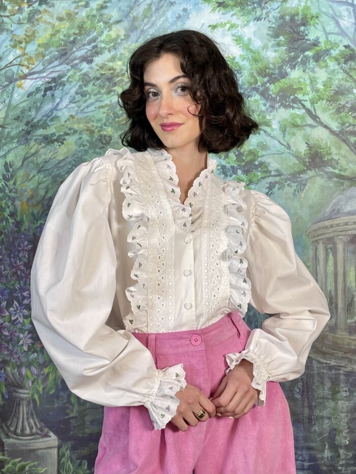 Vintage Romantic Ruffle Cotton Blouse with Eyelet Lace