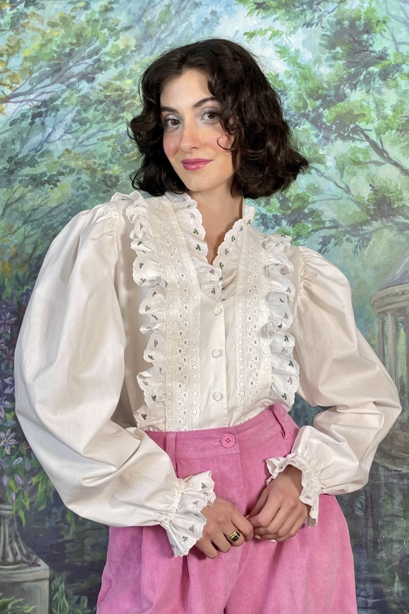 Vintage Romantic Ruffle Cotton Blouse with Eyelet Lace