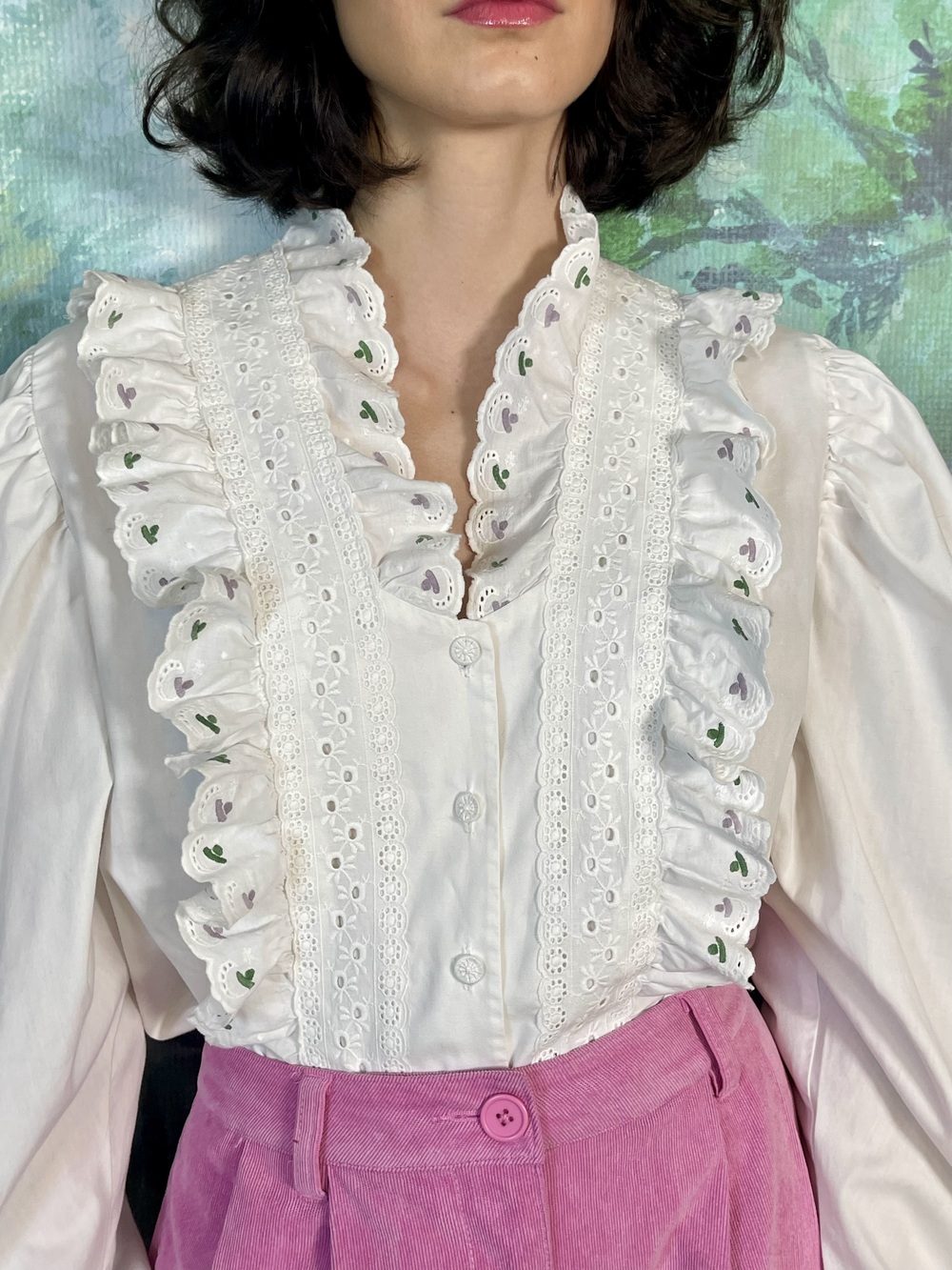 Vintage Romantic Ruffle Cotton Blouse with Eyelet Lace