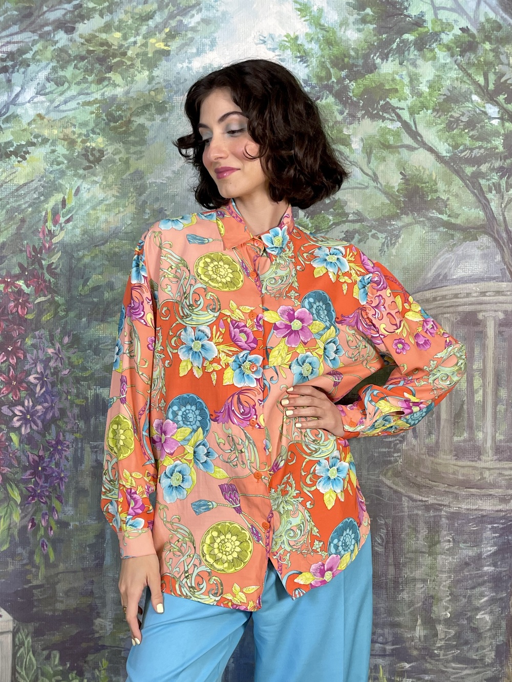 90s Vintage Floral Baroque Print Blouse