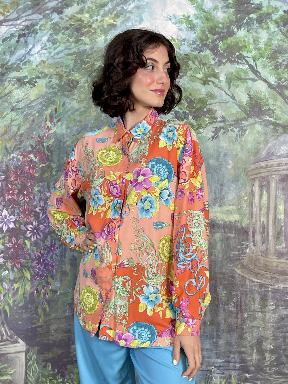 90s Vintage Floral Baroque Print Blouse