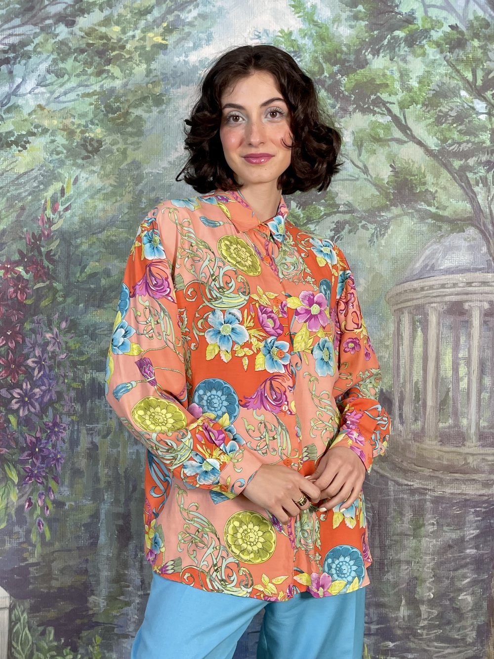 90s Vintage Floral Baroque Print Blouse