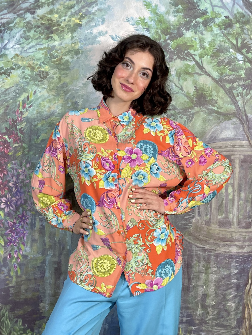 90s Vintage Floral Baroque Print Blouse