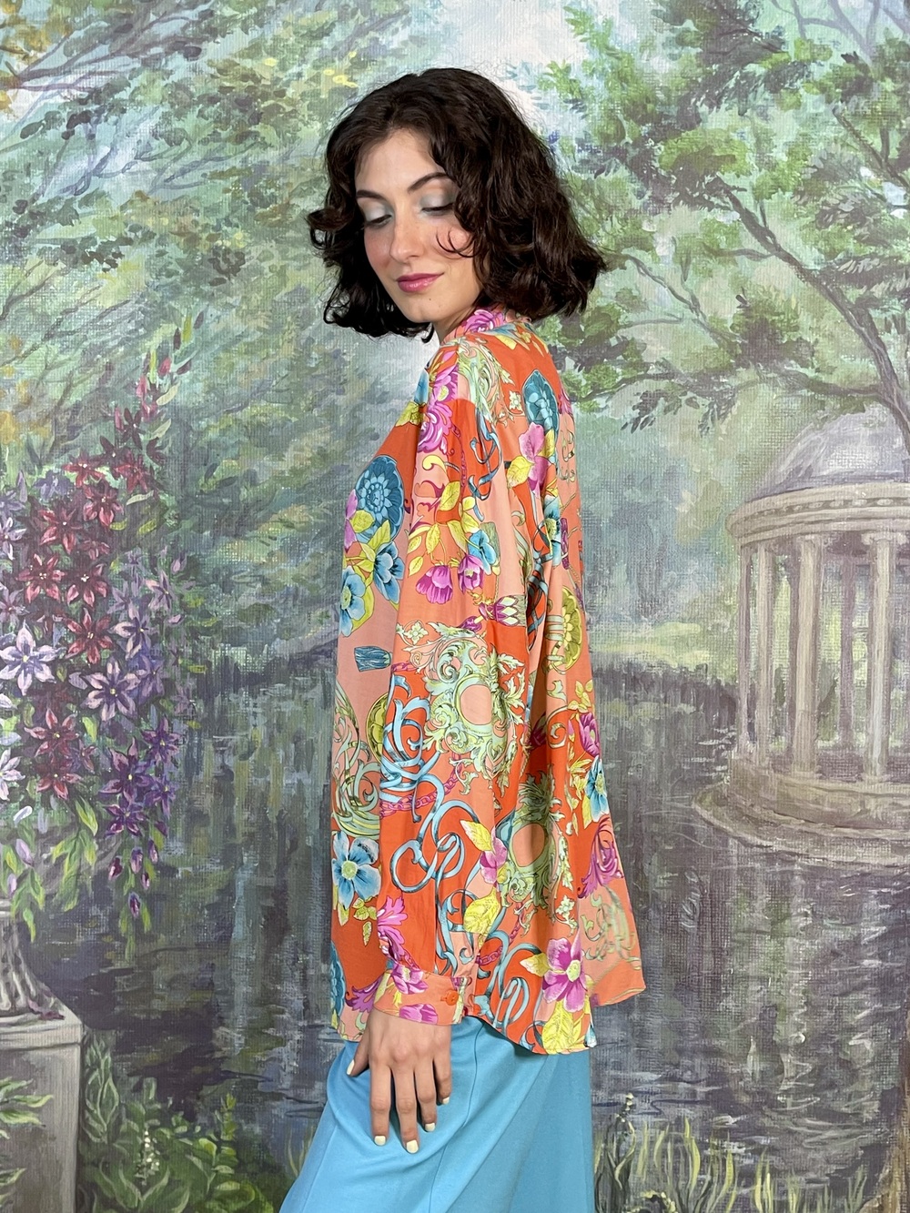 90s Vintage Floral Baroque Print Blouse