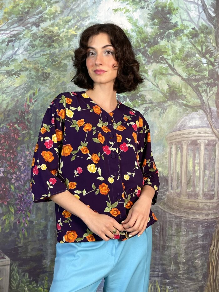 90s Vintage Floral Button-Up Blouse