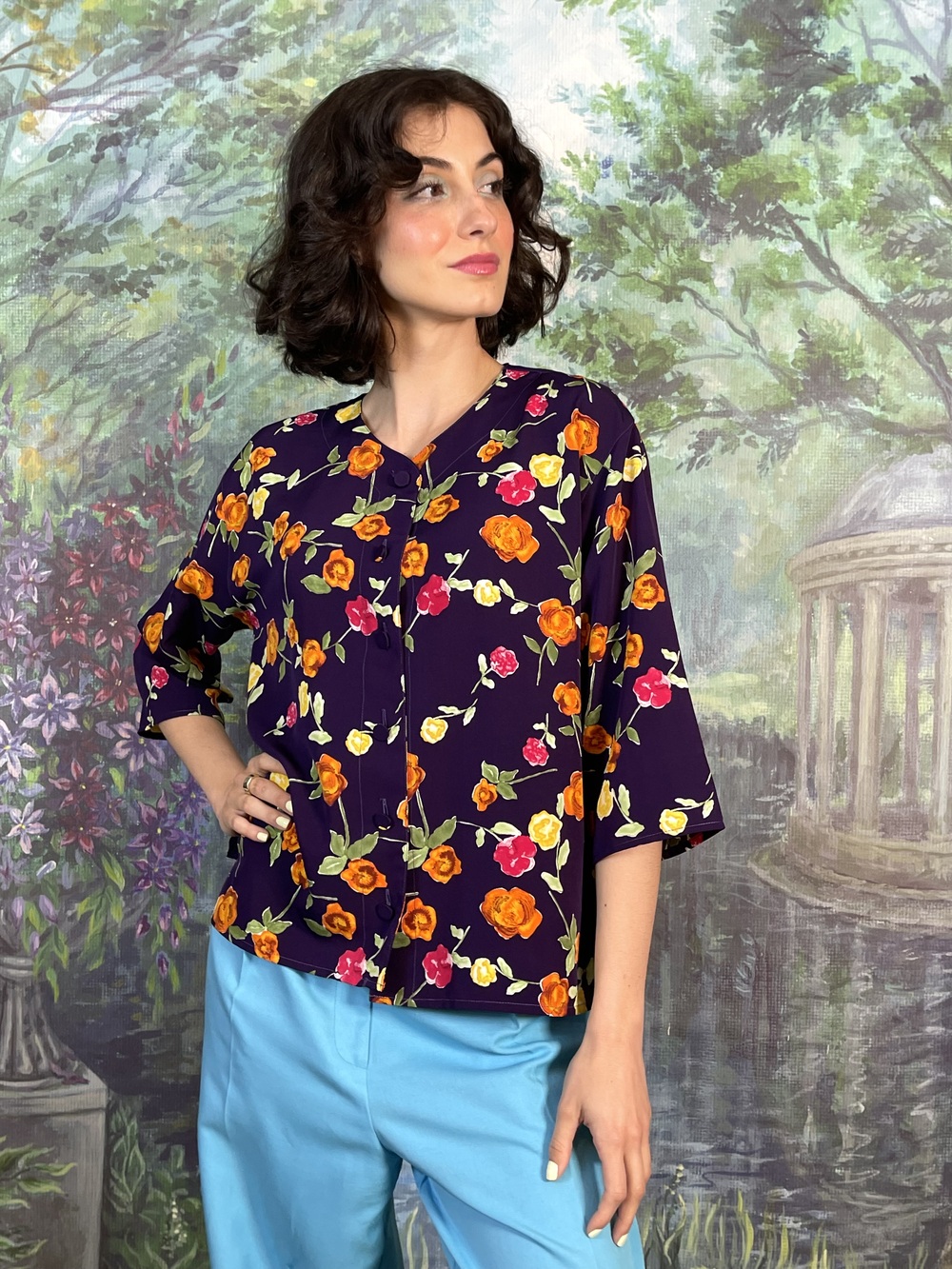 90s Vintage Floral Button-Up Blouse