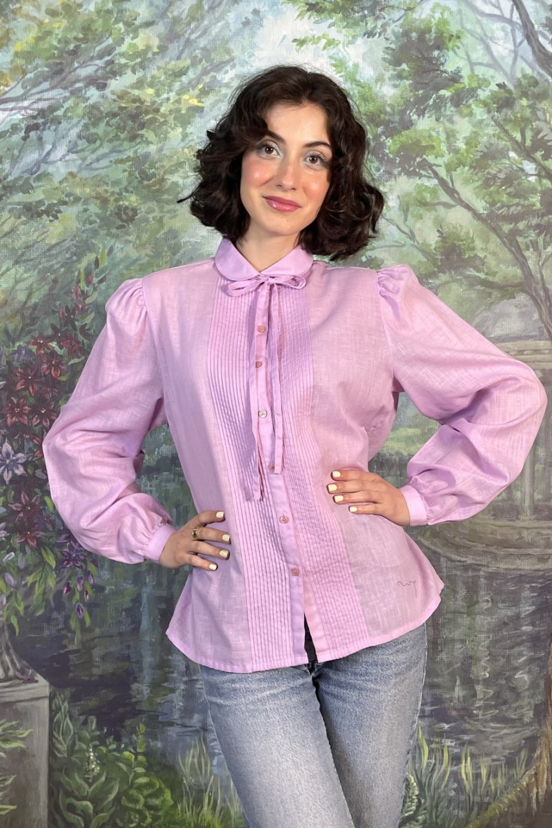 Vintage Lilac Cotton Pintuck Blouse with Tie Neck