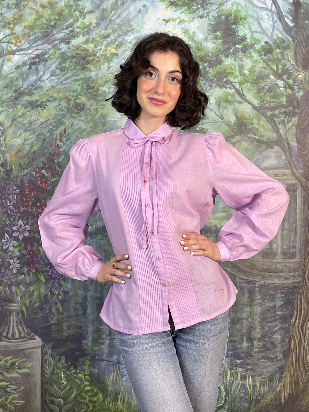 Vintage Lilac Cotton Pintuck Blouse with Tie Neck