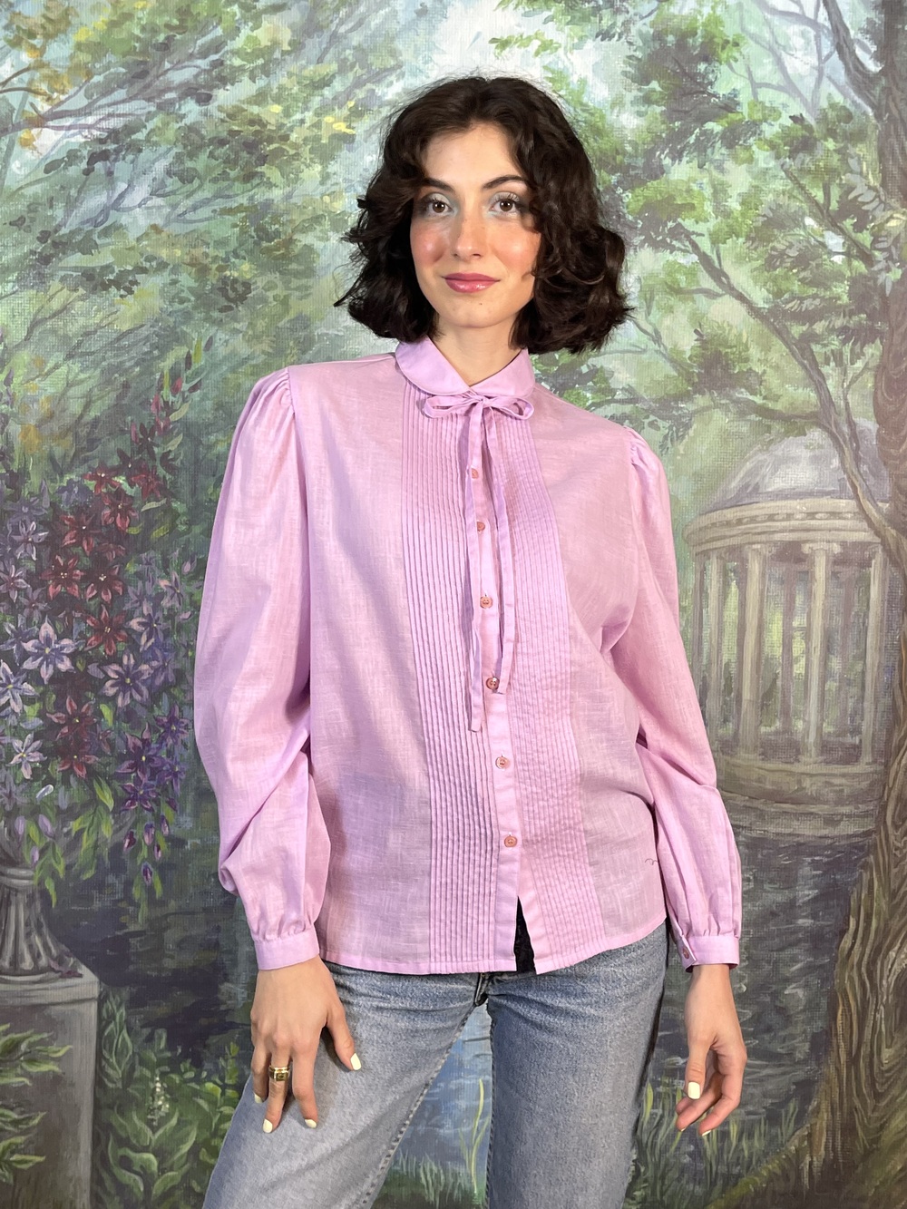 Vintage Lilac Cotton Pintuck Blouse with Tie Neck