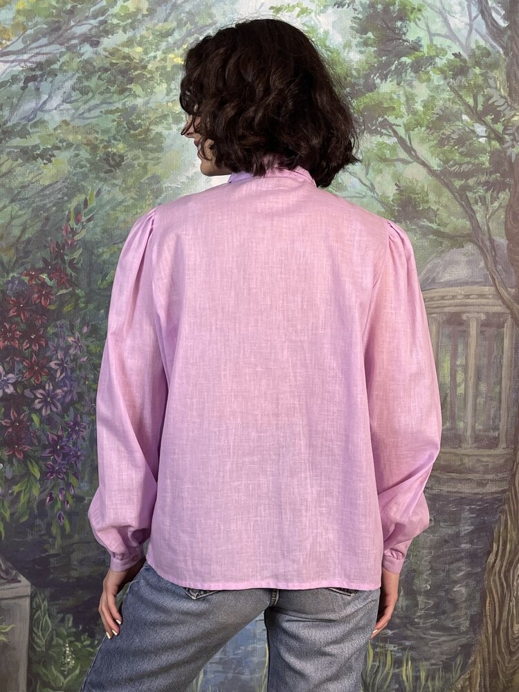 Vintage Lilac Cotton Pintuck Blouse with Tie Neck