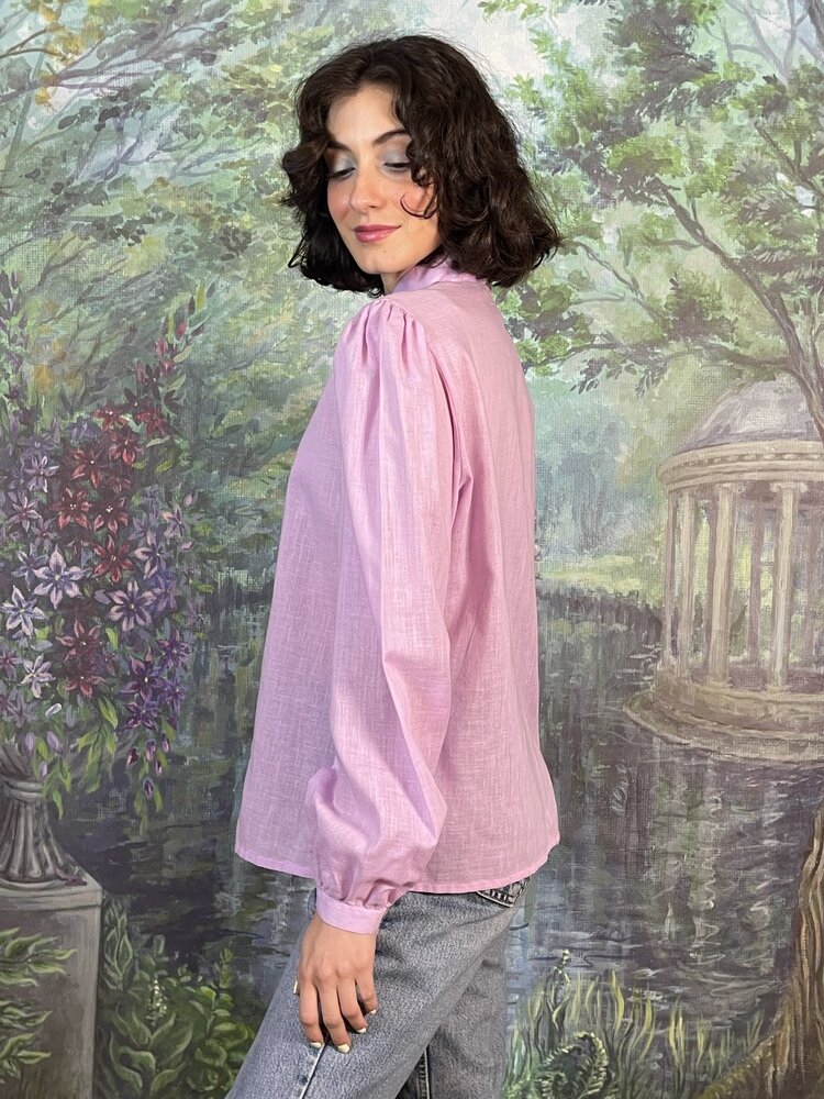 Vintage Lilac Cotton Pintuck Blouse with Tie Neck